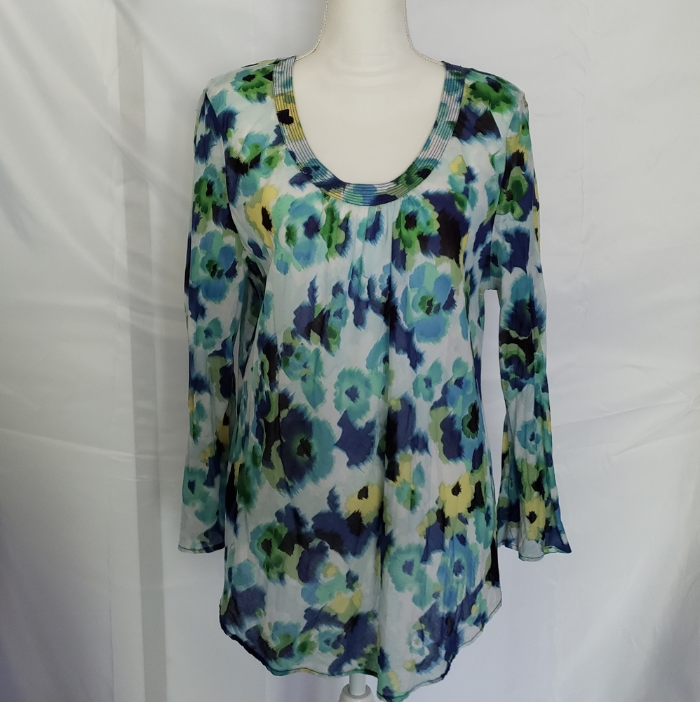 Liz Claiborne Semi Sheer Floral Embellished Neckline Long Sleeve Blouse Size XL